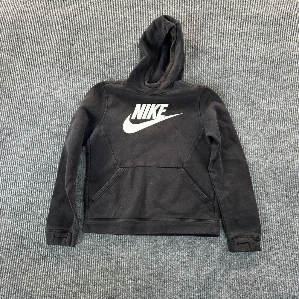 Nike Boys Sportswear Hoodie Size L Black White Swoosh Logo Fleece Pullover